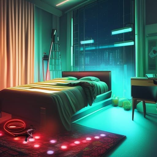 Neon Lit Gamer Bedroom with Musical Instruments