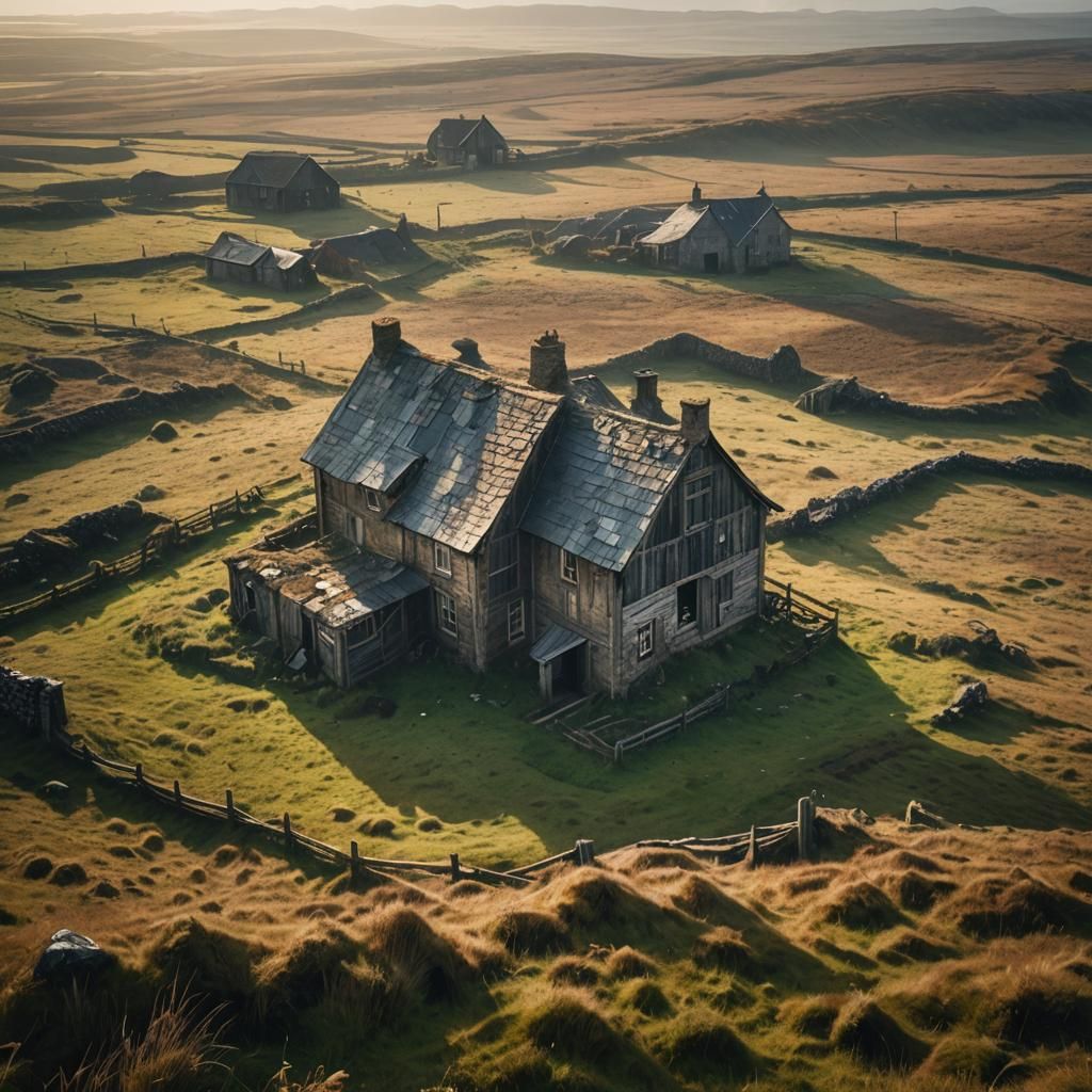 Dilapidated Farmhouse in Misty Moorland: Fantasy Art