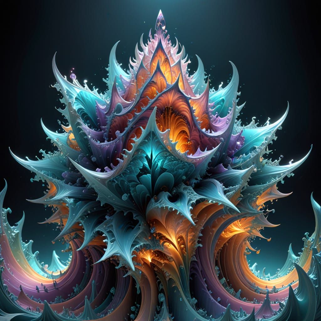 Surreal 3D Crystalline Spire From Chaotic Sea