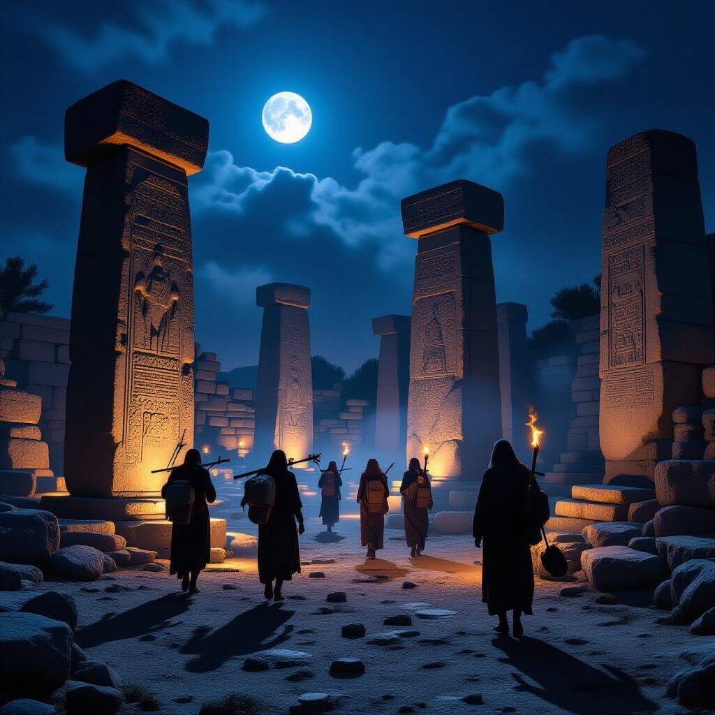 Göbekli Tepe Night Scene with Ghostly Silhouettes in Moonlig...