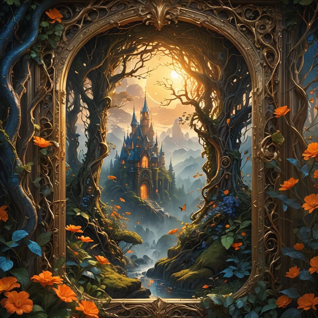 Magical Forest Through Ornate Picture Frame Window