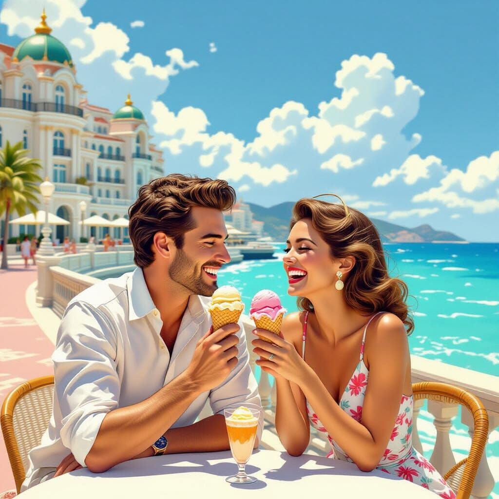 Couple Laughing Joyfully at Posh Seaside Resort in Cartoon S...