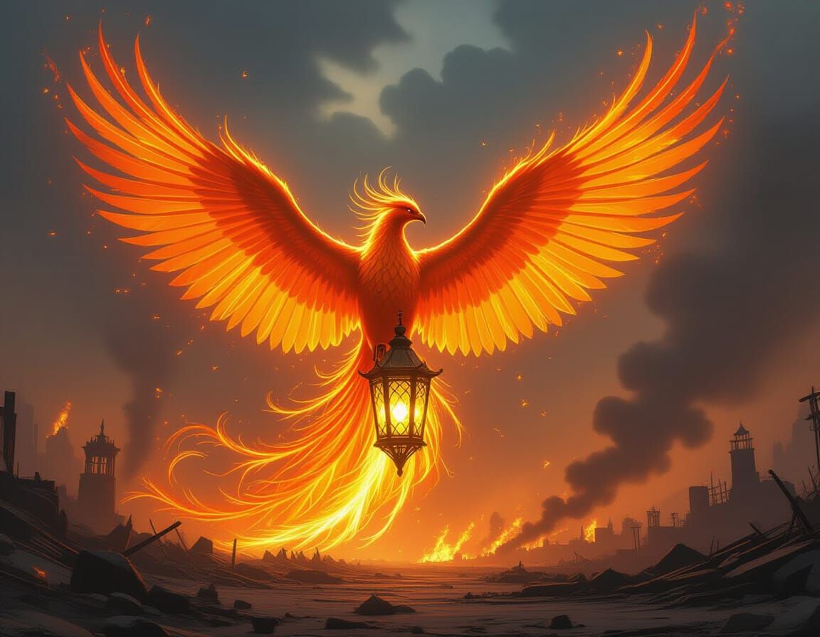 Phoenix Lantern Rises in War-Torn Landscape