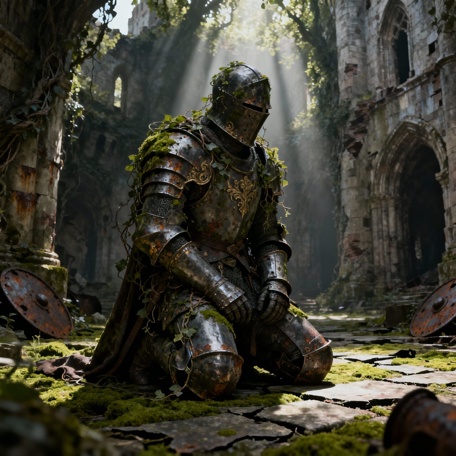 Knight Kneels in Overgrown Castle Ruins