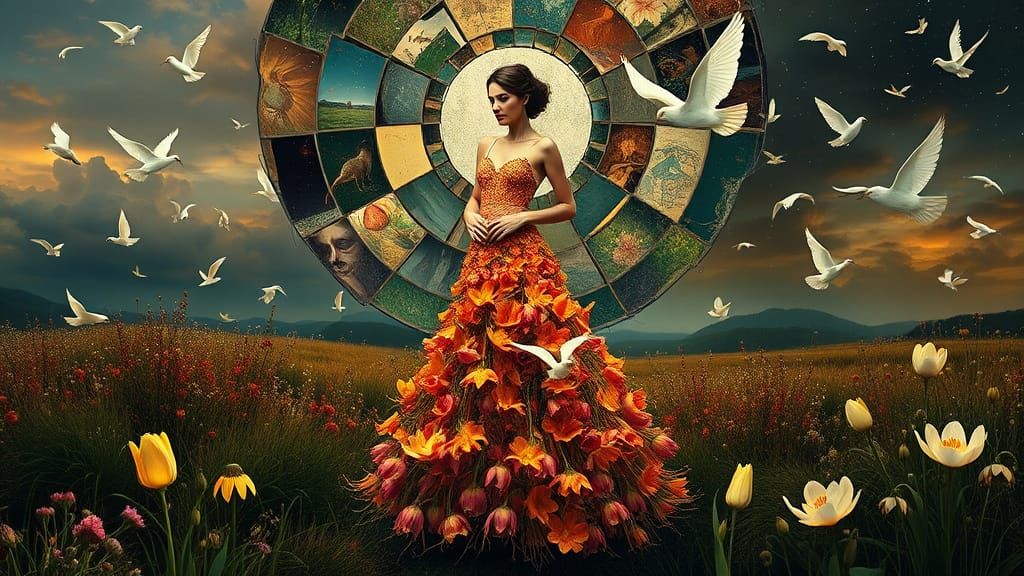 Woman in Fritillaria Dress: Surreal Eco-Art Collage