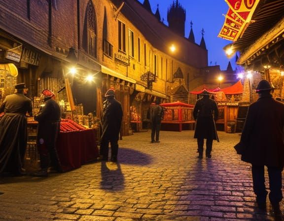 Vibrant Medieval Docks Market at Night