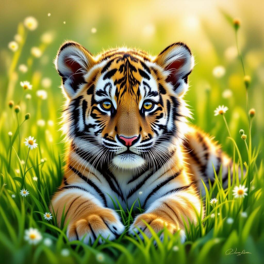 Regal Tiger Cub Resting in Sunlit Meadow