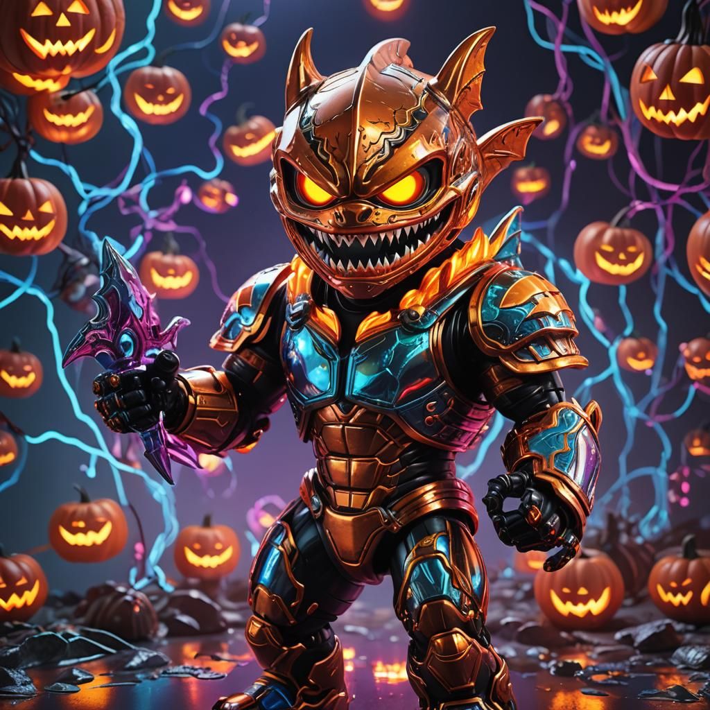 Demon Shark Attacks Pumpkin Warrior in Funko Pop Style