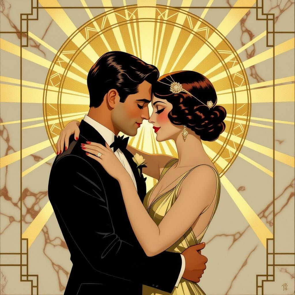 Art Deco Couple Embrace in Golden Light