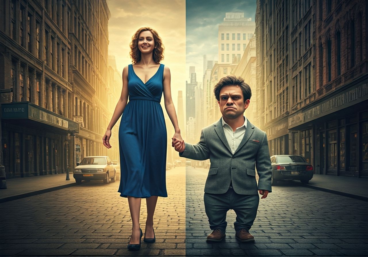 Joyful Giantess and Grumpy Dwarf in Contrasting Cityscapes