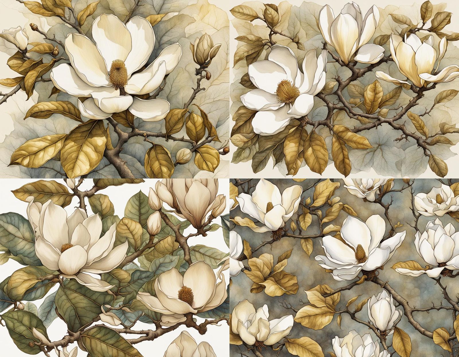 Magnolia Tree: Detailed Botanical Illustration with Golden H...