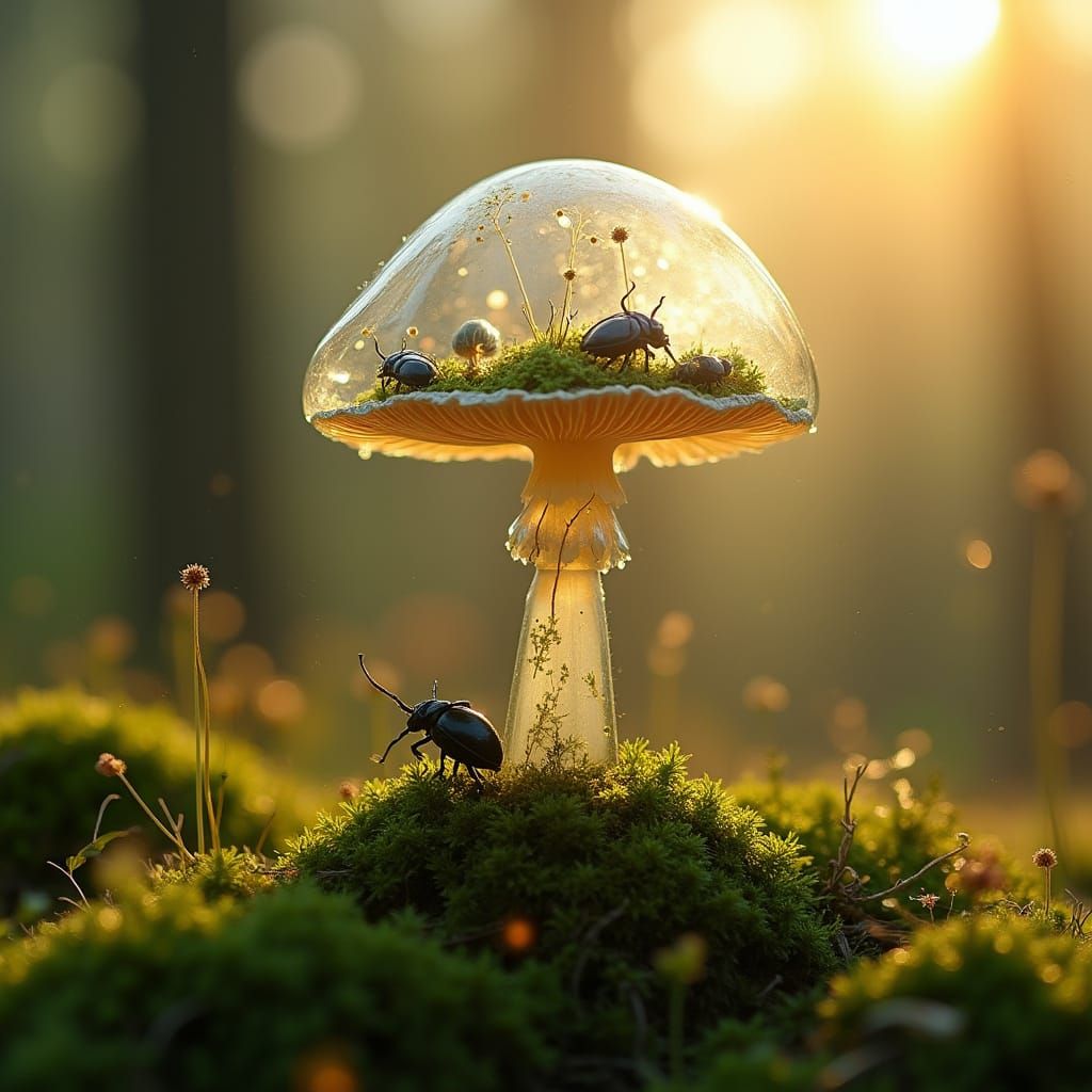 Glass Mushroom with Beetles in Mossy Forest