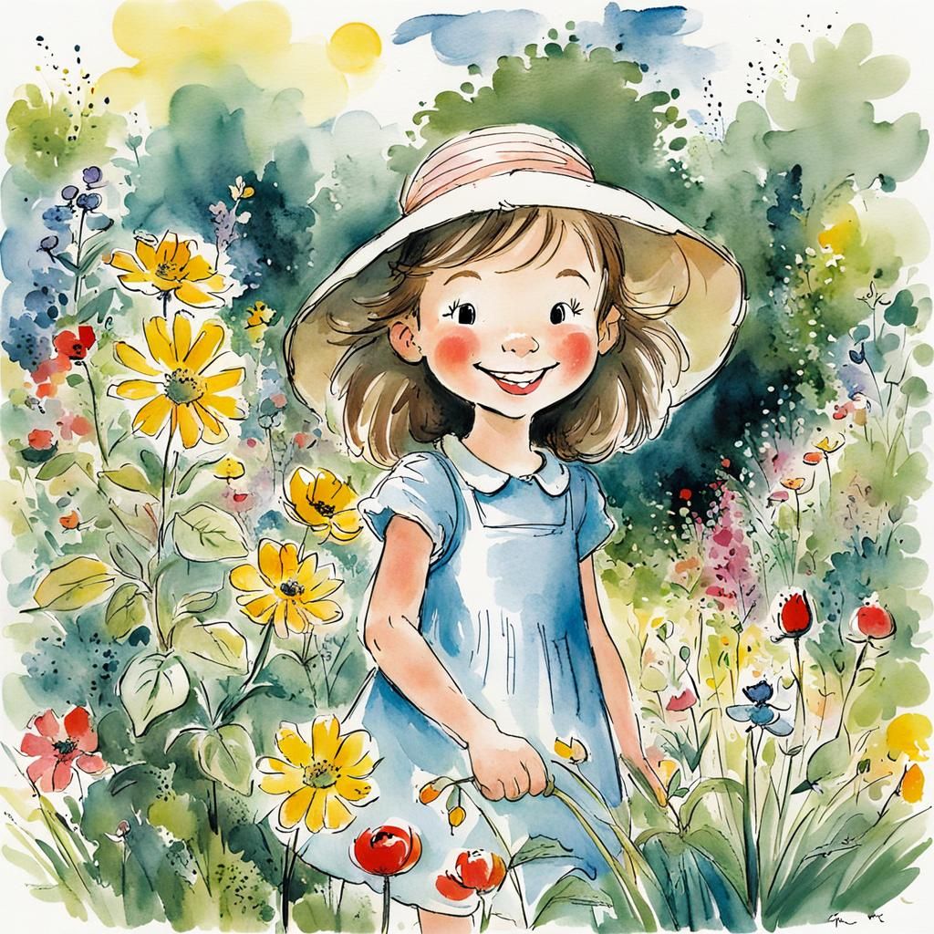 Smiling Girl in Garden, Illustrated Style