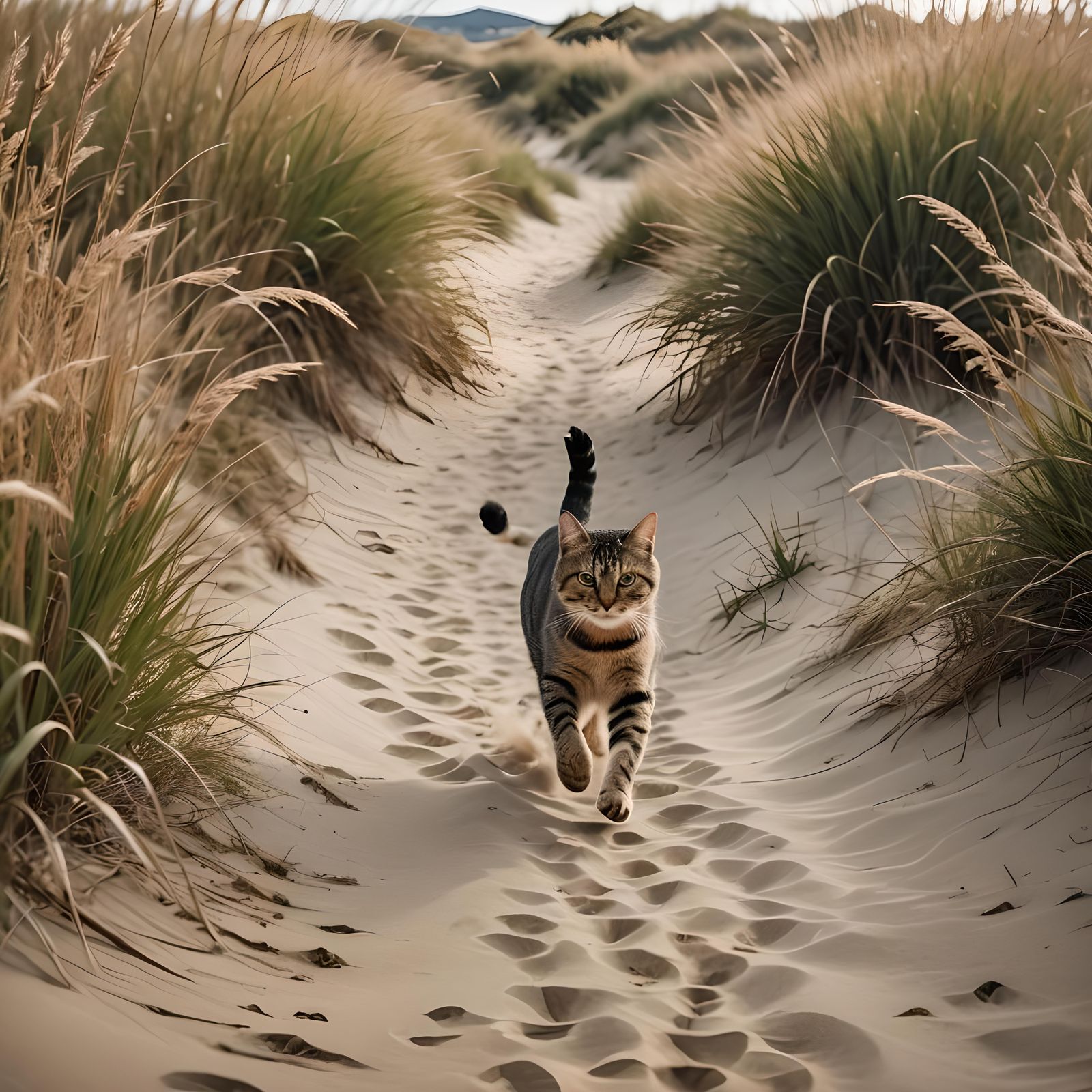 Athletic Cat Runs Through Beach Sand Dunes
