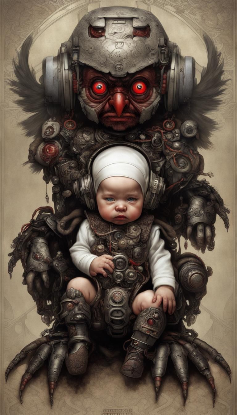 Horror Cyborg Baby in Art Nouveau Style