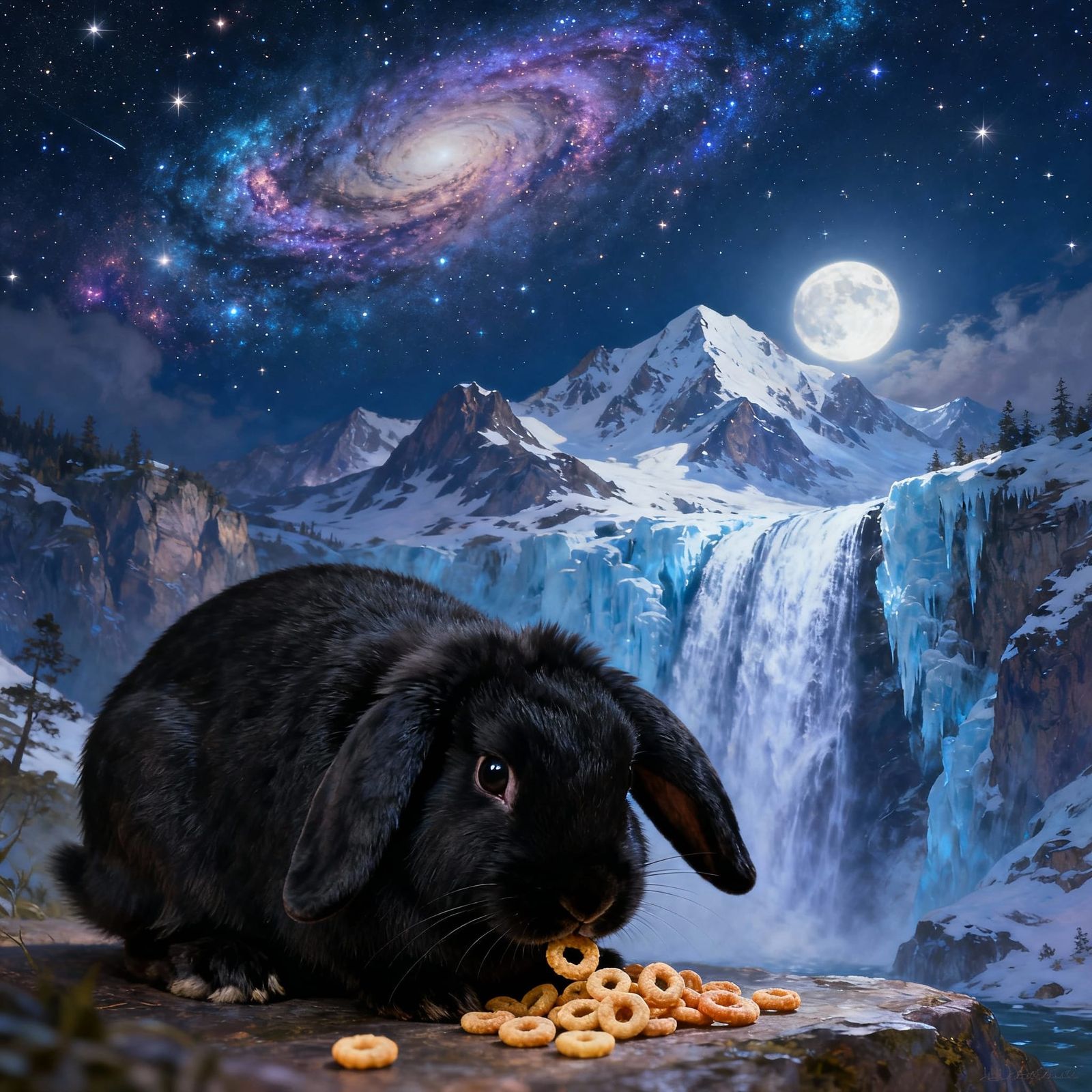 Black Holland Lop Rabbit Eats Cheerios Under Starry Mountain...