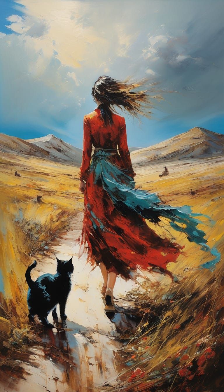 Young Woman Walking the Endless Steppe with Feline Companion...