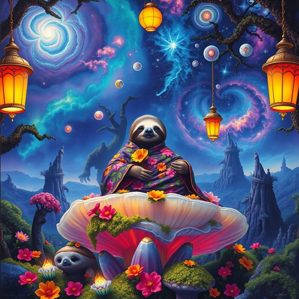 Sloth Meditating on Mushroom in Psychedelic Forest
