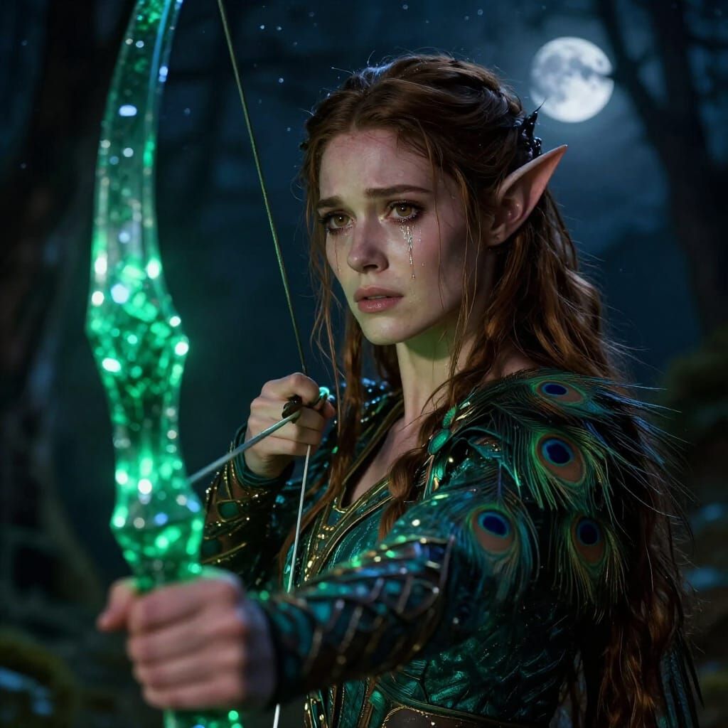 Sad Warrior Elf with Glowing Bow in Starry Forest