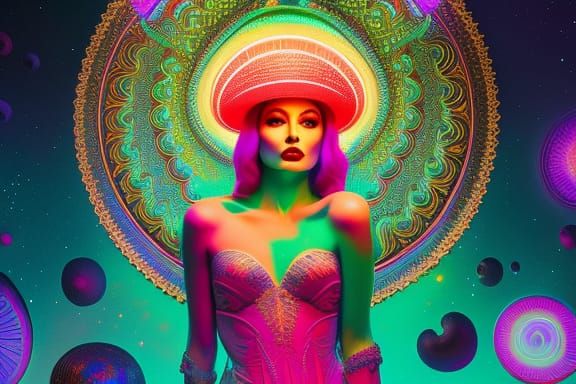 Celestial Woman with Mushroom in Neon Lighting