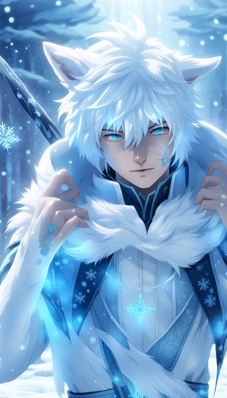 Anime Fox-Boy in Winter Wonderland with Glowing Runes