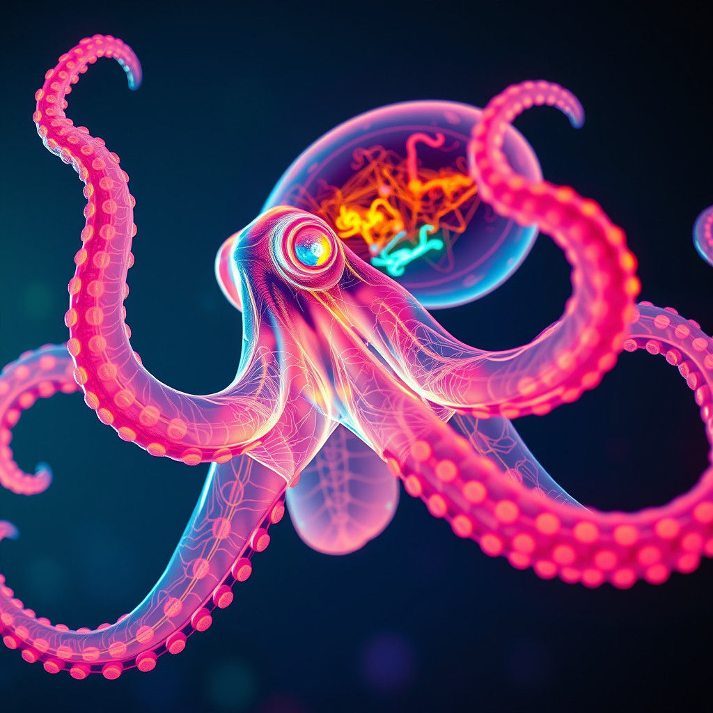 Chemiluminescent Octopus Swimming Under Neon Night Sky