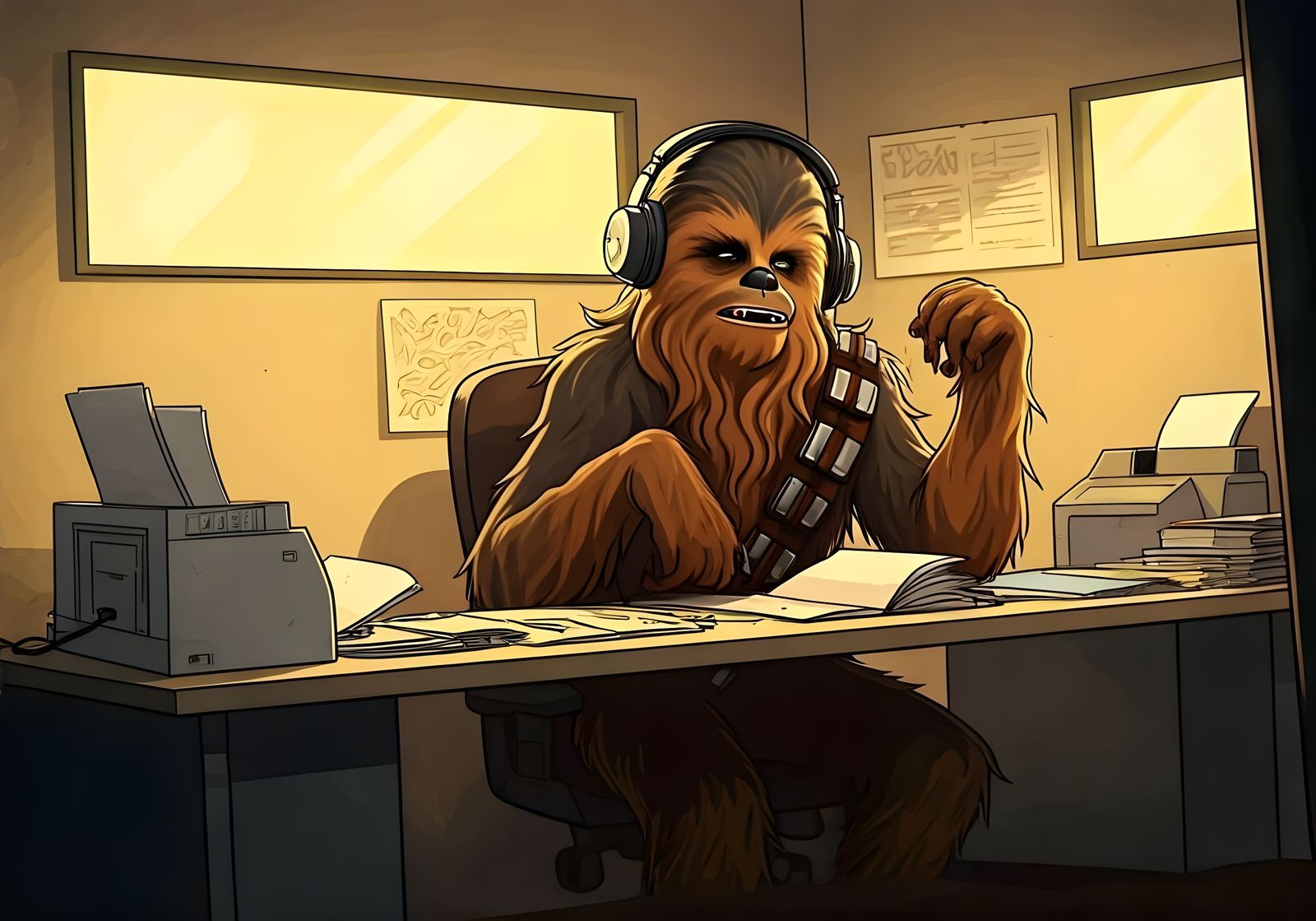 Chewbacca Office Struggle in Corporate Cubicle