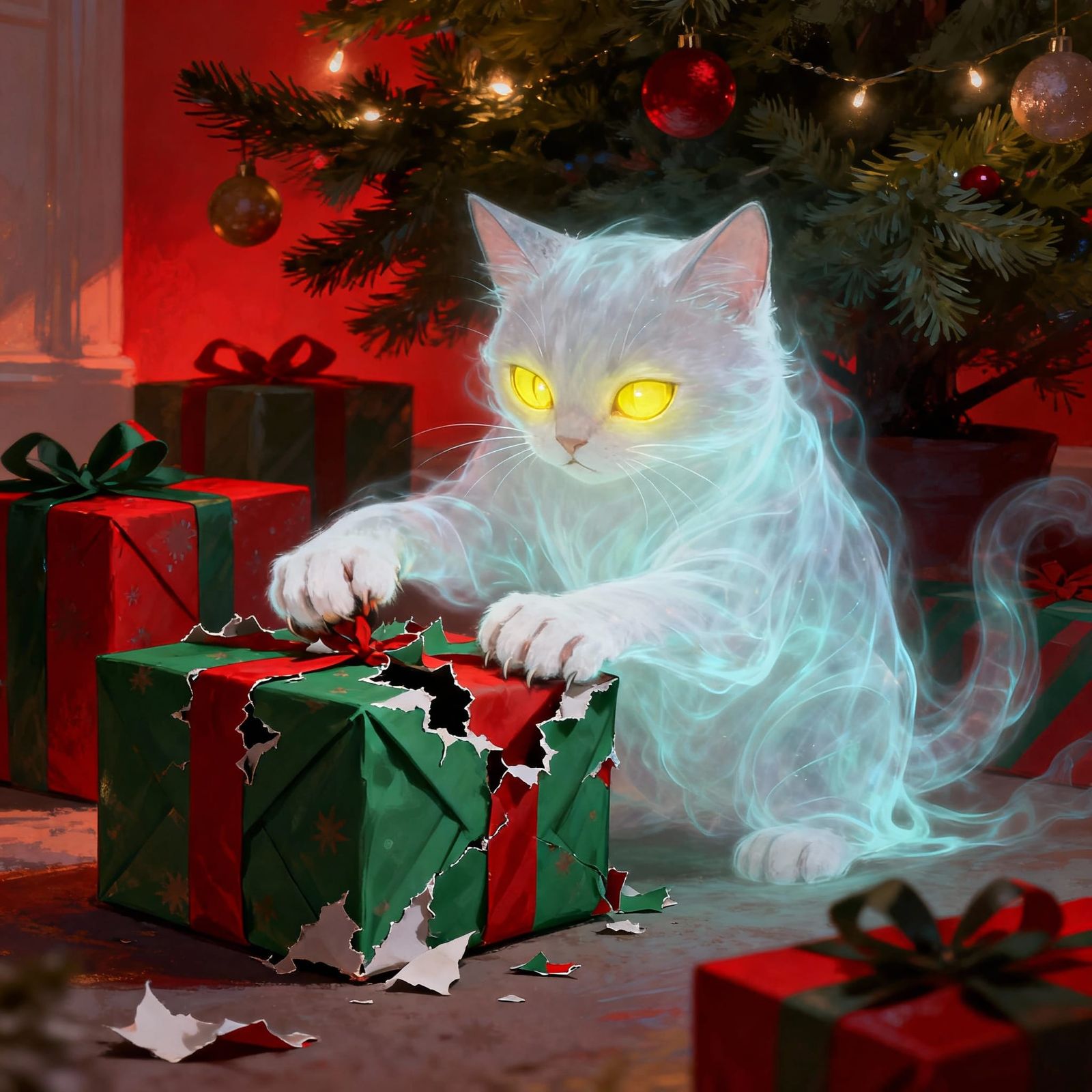 Ghost Cat Scratches Christmas Presents
