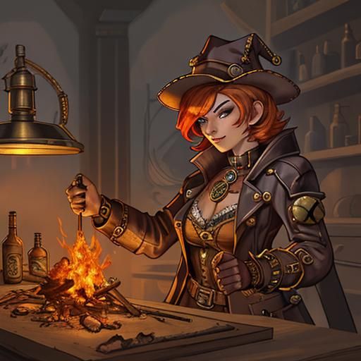 Steampunk Alchemist Pyromancer in Detailed Illustration