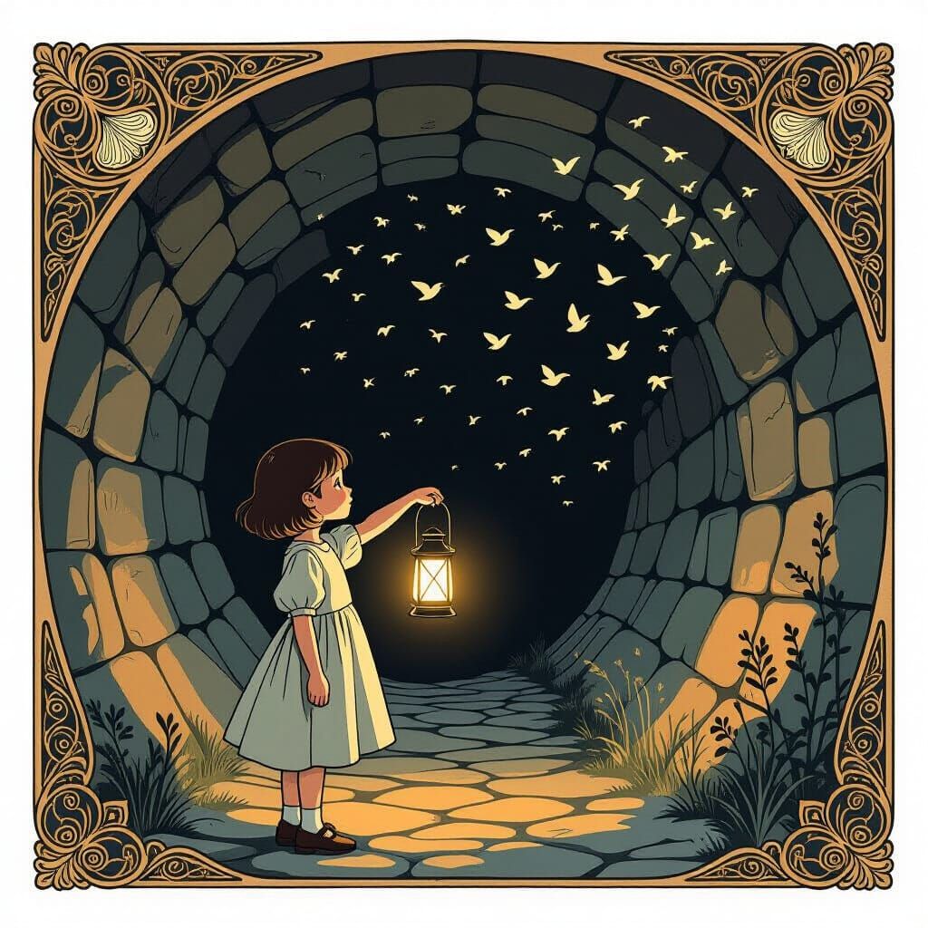 Art Nouveau Girl With Lantern and Birds in Starry Sky