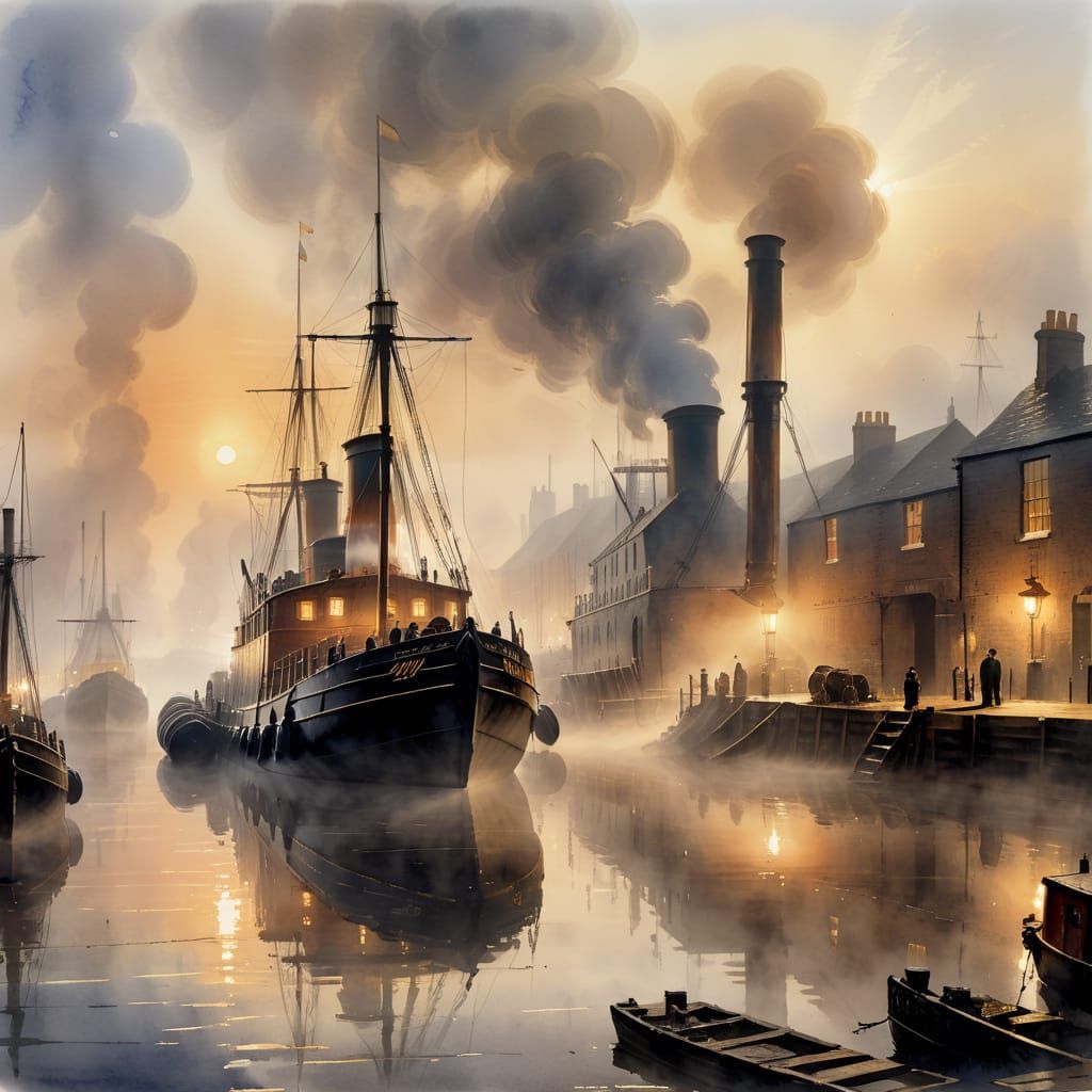 Misty Harbor Sunrise: Barge at Quayside