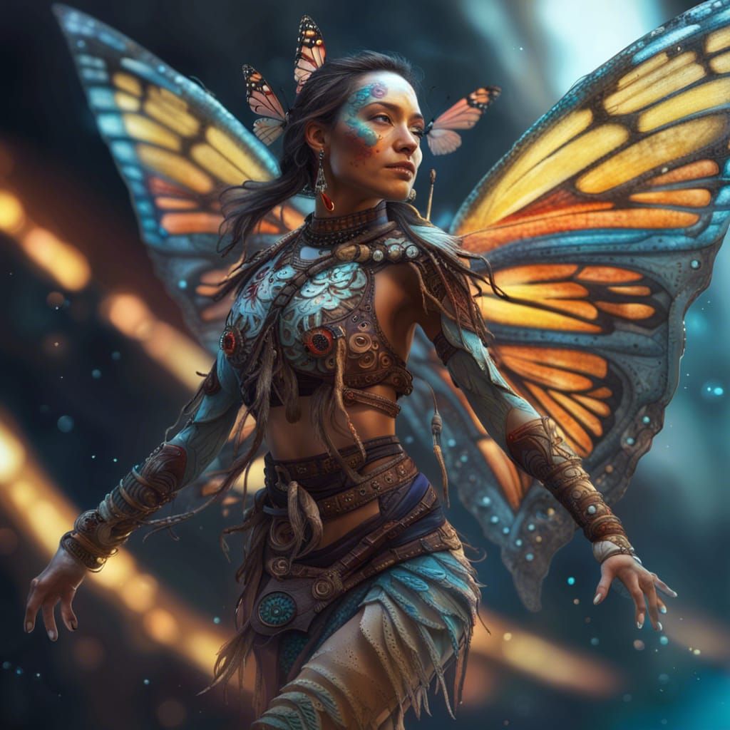 Butterfly-Winged Shaman Woman in Hyperrealistic Splash Art