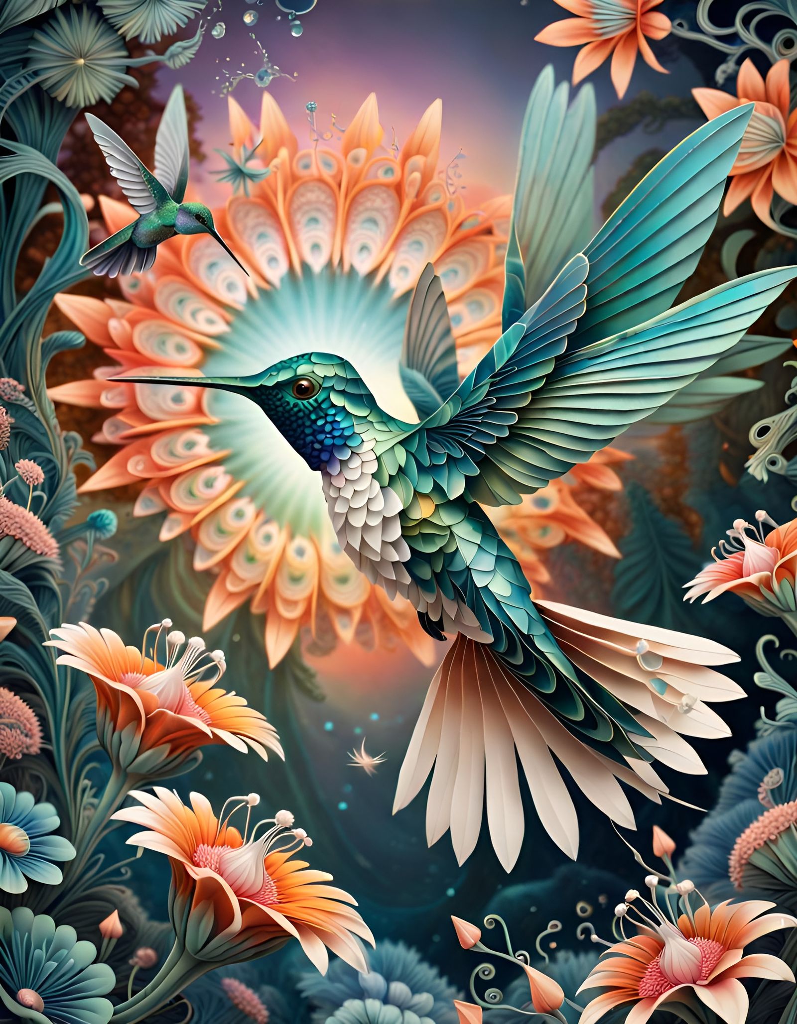 Hummingbird in Bioluminescent Rainforest: Origami Style