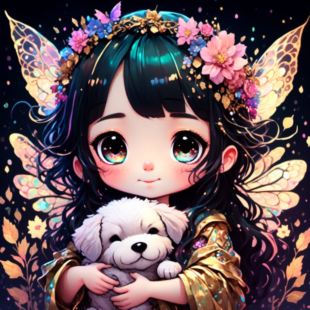 Japanese Chibi Fairy with Puppy in Digital Illustration