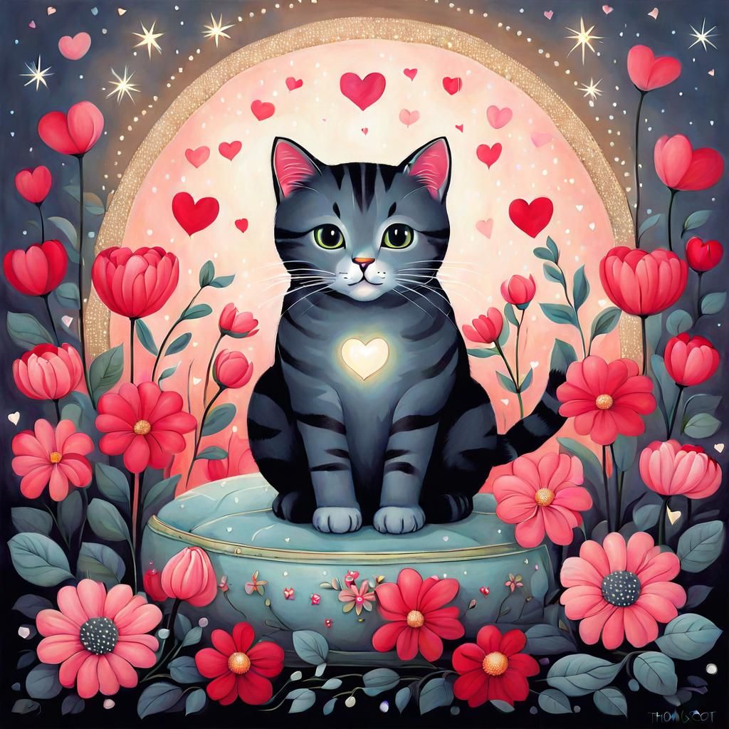 Cute Cat Surrounded by Flowers and Heart Lights