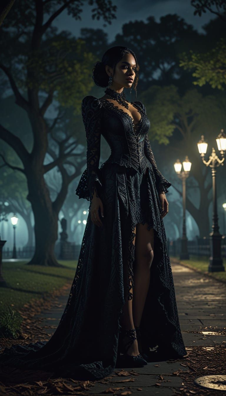 Gothic Fantasy Dominican Woman in Eerie Moonlight