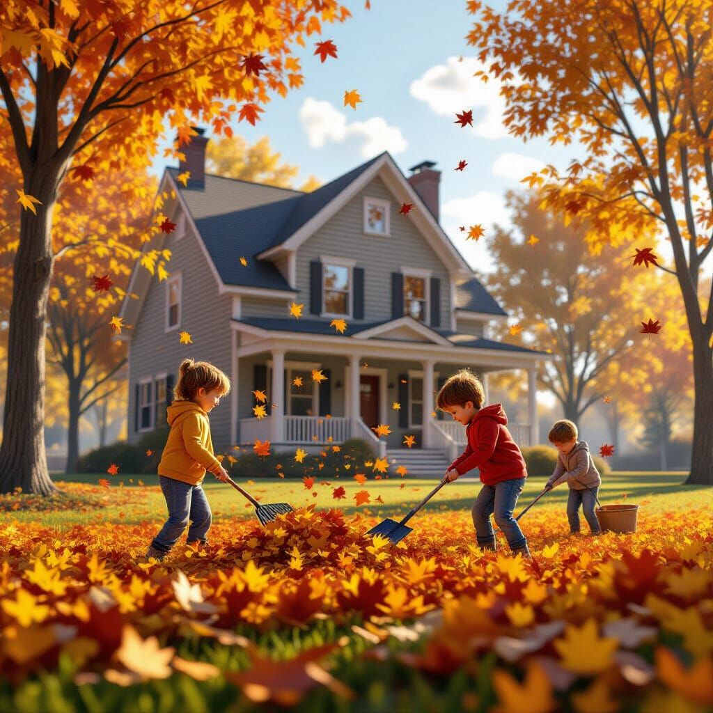 Autumn Scene with Children Raking Leaves