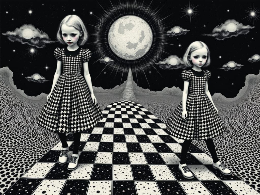 Alice, Neo, and the White Rabbit in Escher Style