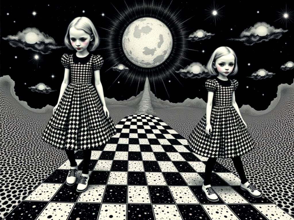 Alice, Neo, and the White Rabbit in Escher Style