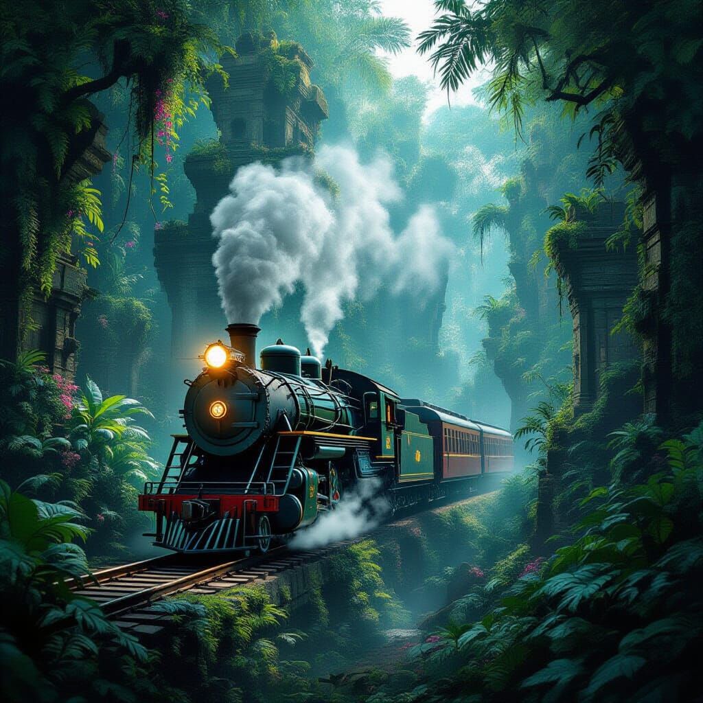 Majestic Steam Train in Ruined Jungle City