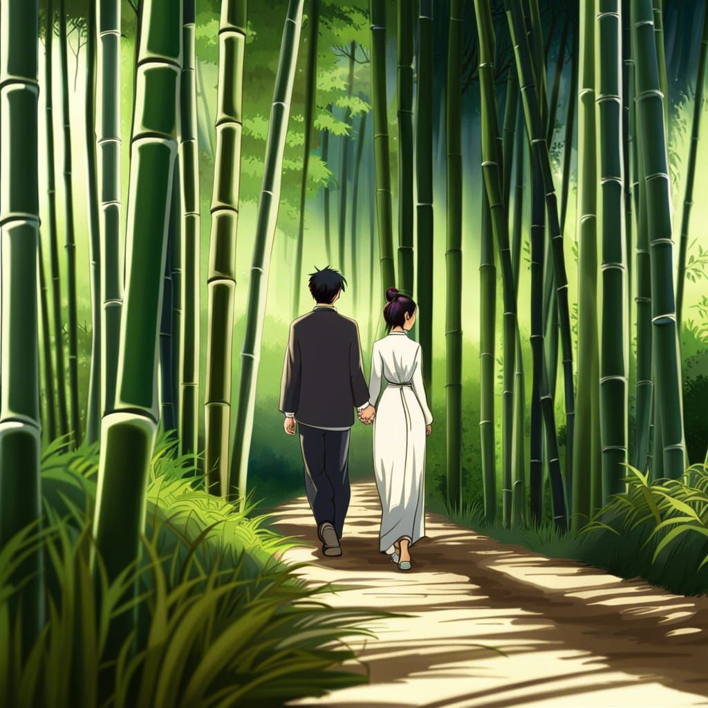 Couple Strolling Through Bamboo Forest: Anime Style
