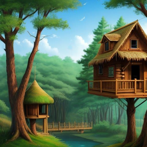 Whimsical Treehouses Amidst Lush Canopy