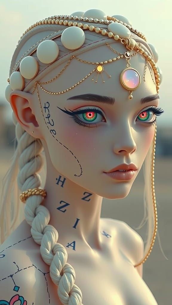 Alien Woman with Snail Braids and Glowing Tattoos