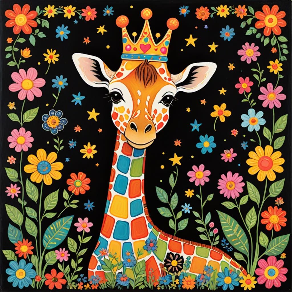 Vibrant Folk Art Giraffe Garden Scene