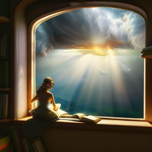 Heavenly Paradise View from Cozy Room, Digital Art