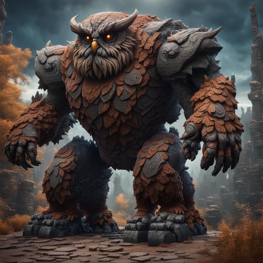 Owlbear Brick Golem: Detailed Fantasy Art