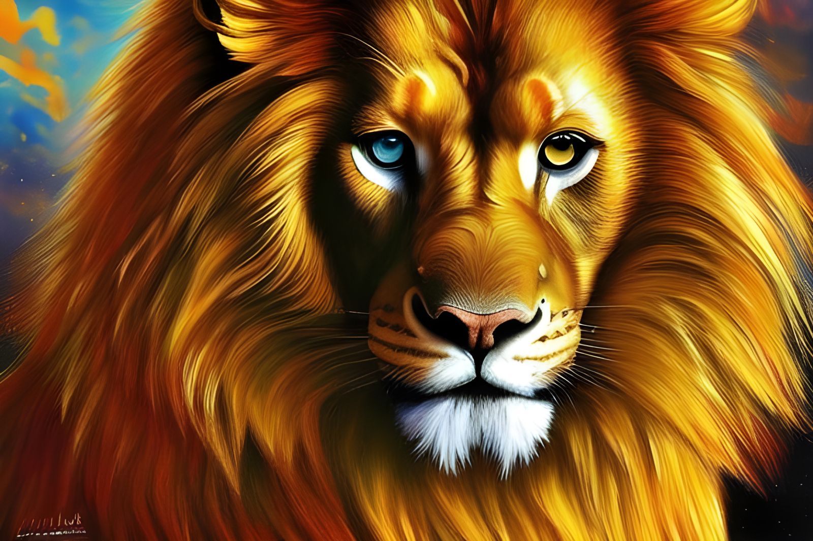 Golden Fire Lion Portrait as Impasto Painting