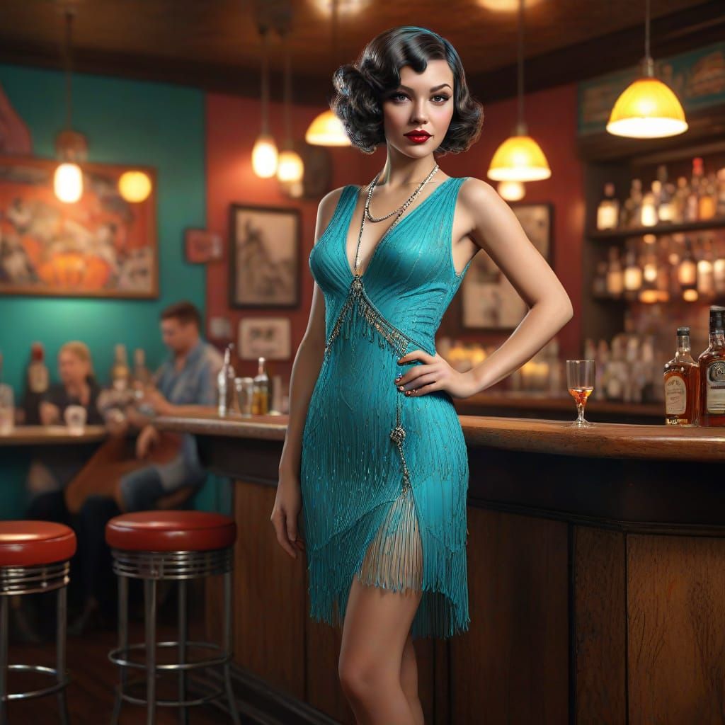 Brunette Flapper in Turquoise Dress, 1920s Style