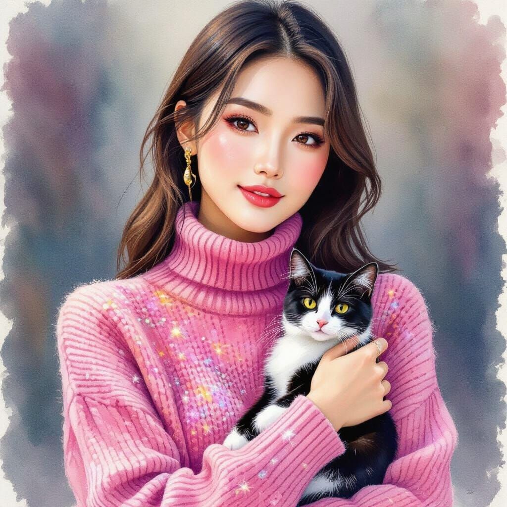 Modern Chinese Woman with Iridescent Sweater and Cat