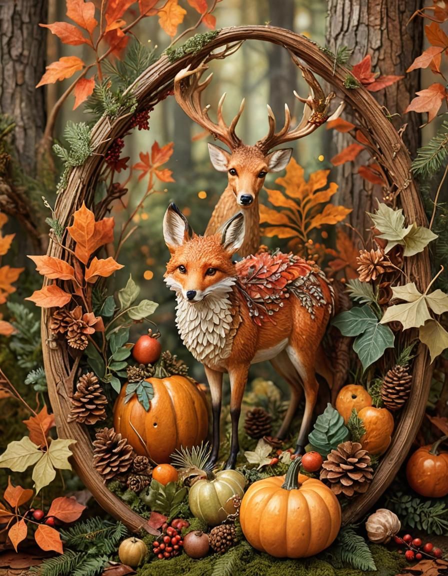 Woodland Scene Inside Gourd with Foxes and Deer